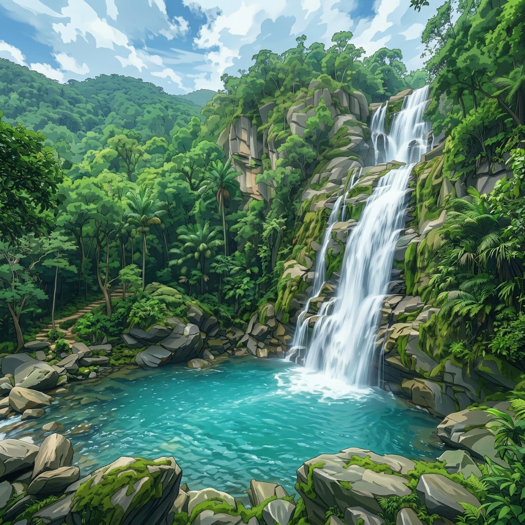 Waterfall cascading into a turquoise pool in a lush forest